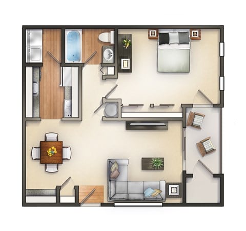Floor plan for 1 bed, 1 bath, 771 sqft